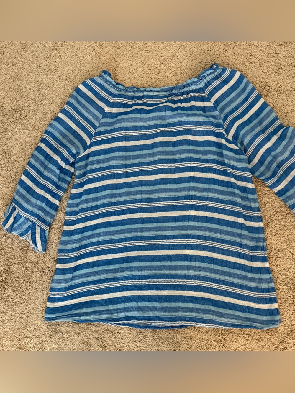 Westbound Women Blue White Striped Boho Peasant Blouse Shirt Top Smocked Ruffle - Picture 6 of 8